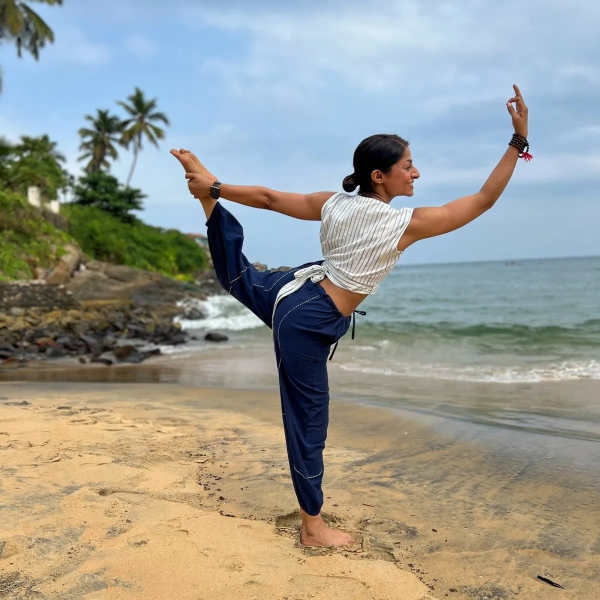 Navy-Stripe Handwoven Cotton Crop Top with Yoga Pant | Athleisure Harem Top with Pant Combo