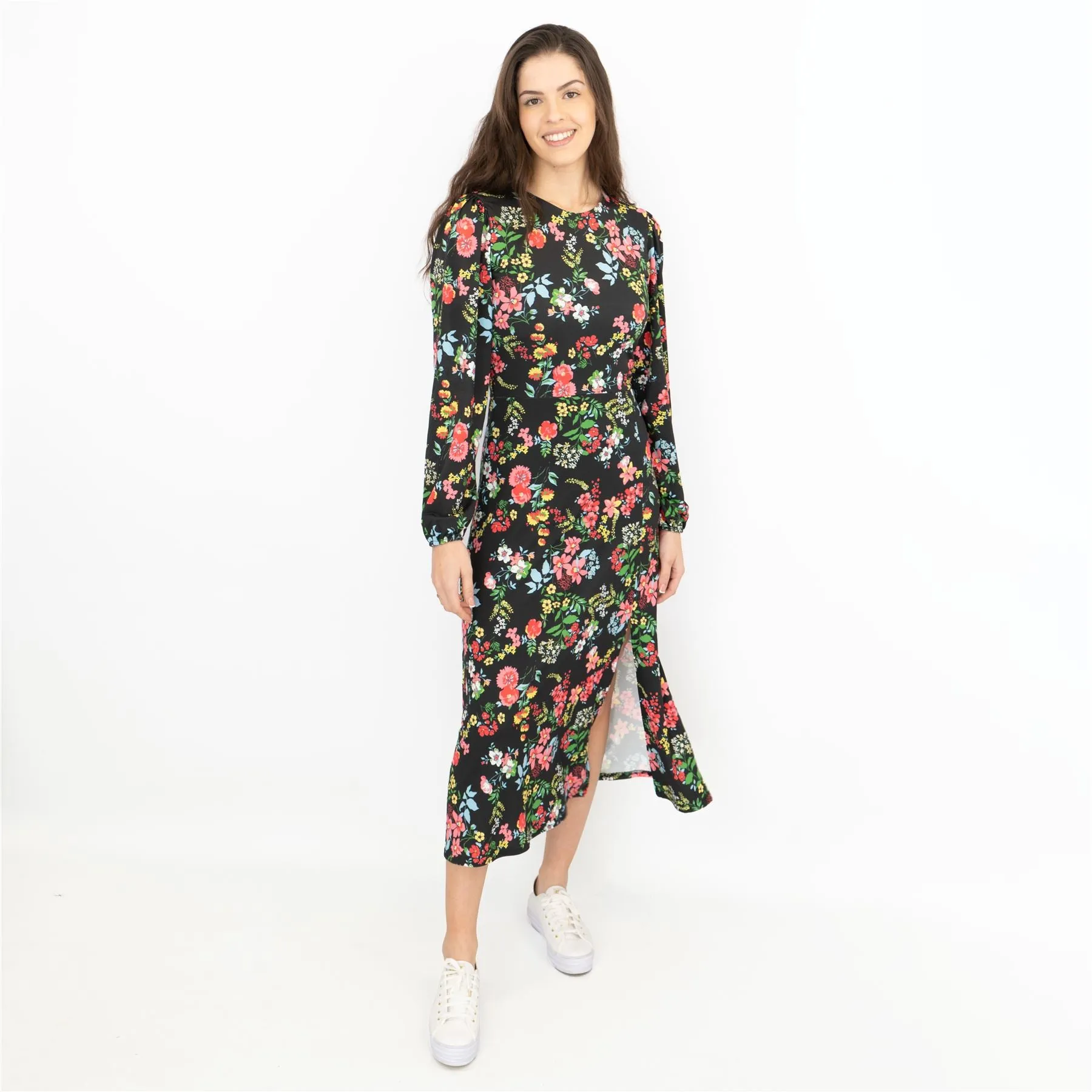 Oasis Slinky Black Jersey Floral Long Sleeve Split Midi Dress