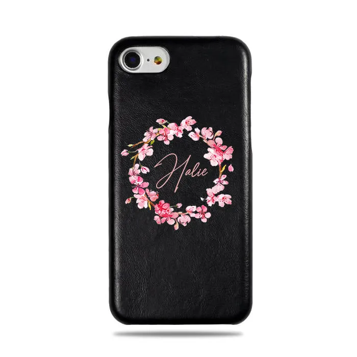 Personalized Pink Flowers iPhone SE 2 (2020) / iPhone 8 / iPhone 7 Black Leather Case