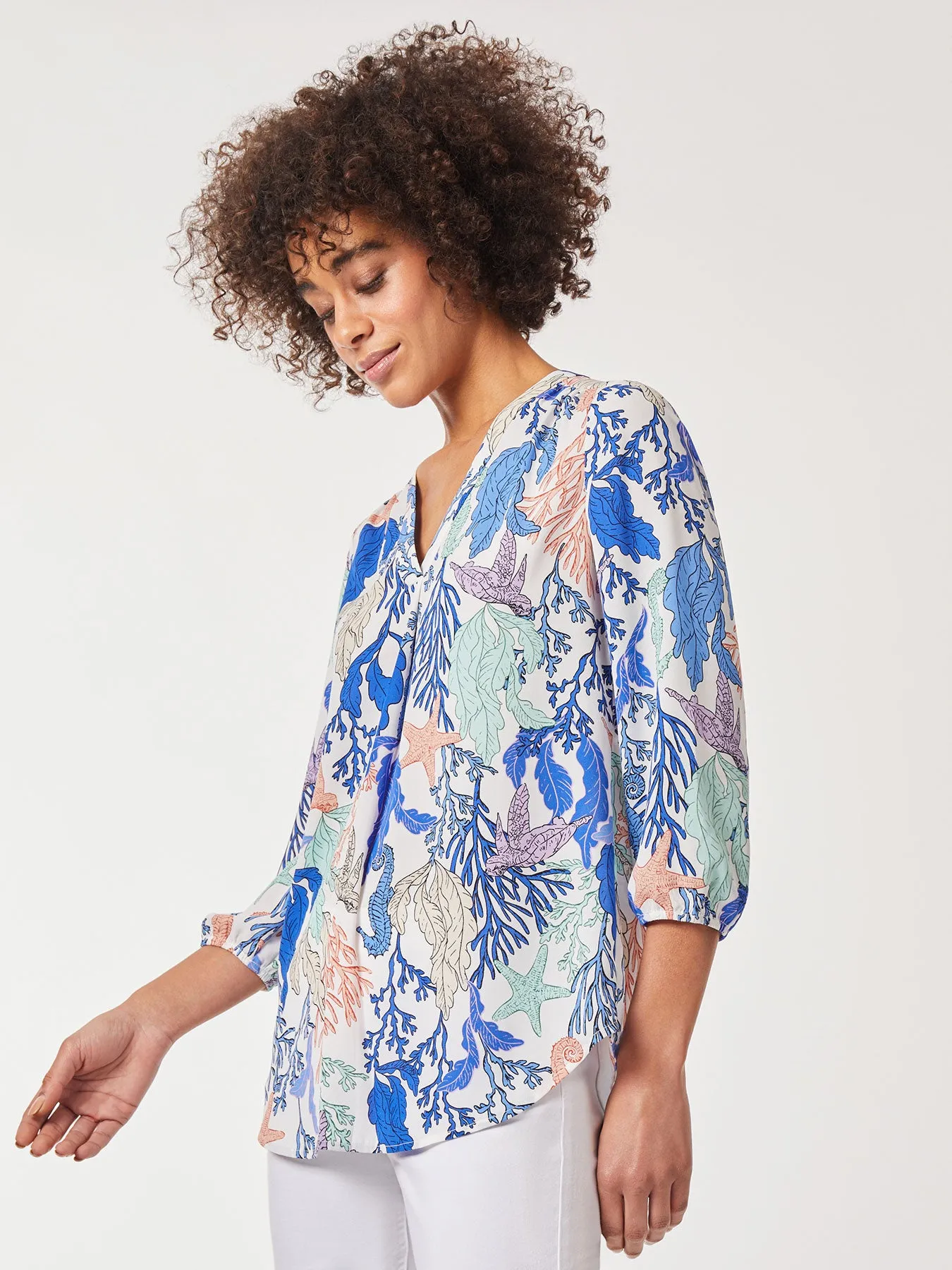 Printed V-Neck Pleated Kelly Blouse