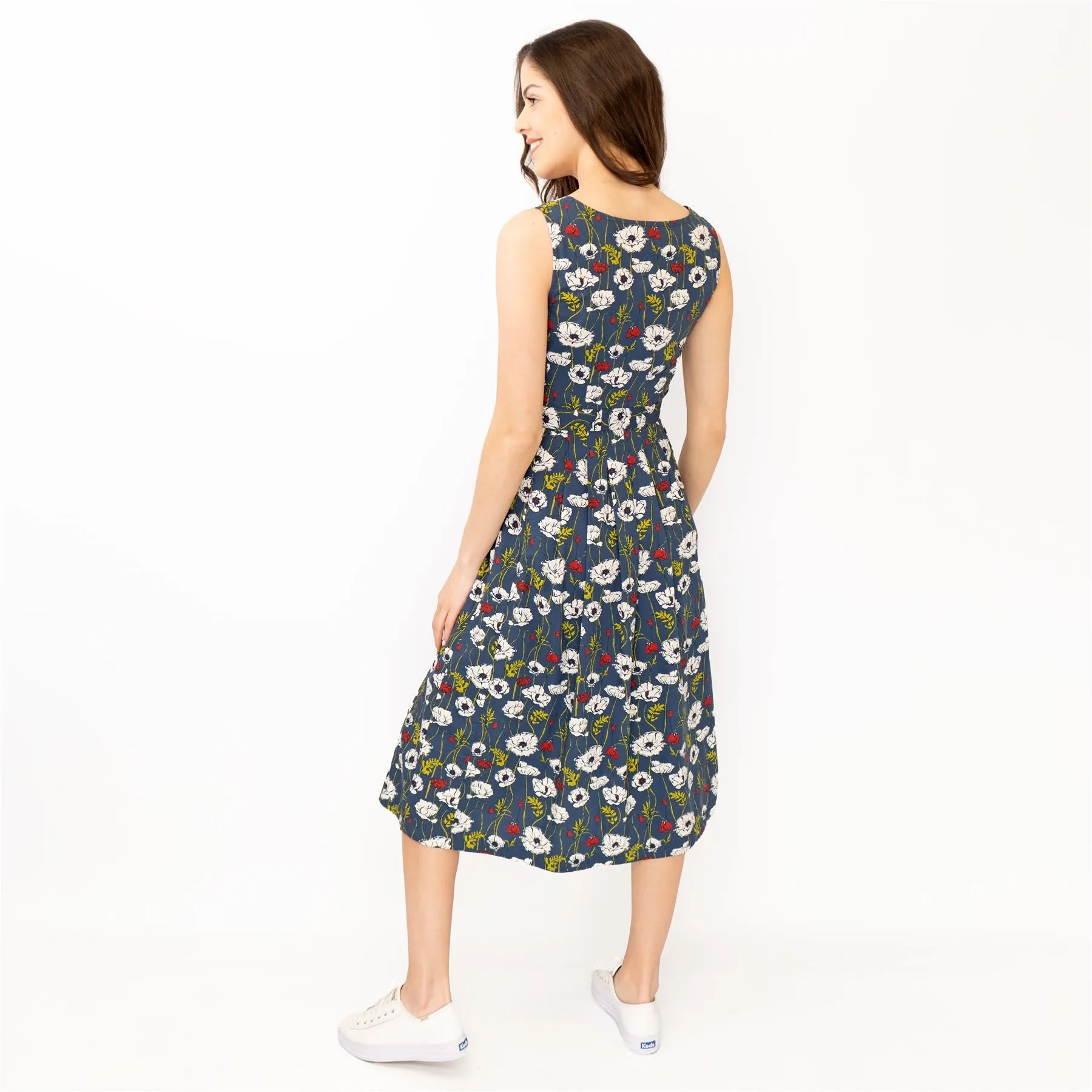 Seasalt Belle Linear Poppy Night Floral Print Sleeveless Midi Dresses