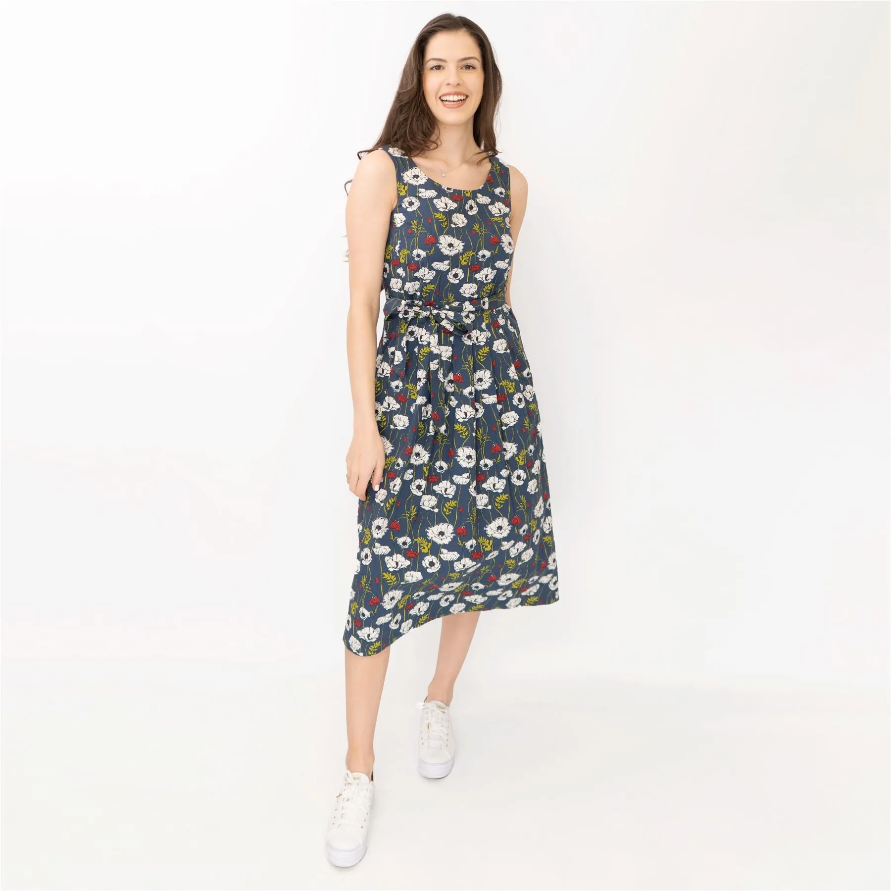 Seasalt Belle Linear Poppy Night Floral Print Sleeveless Midi Dresses