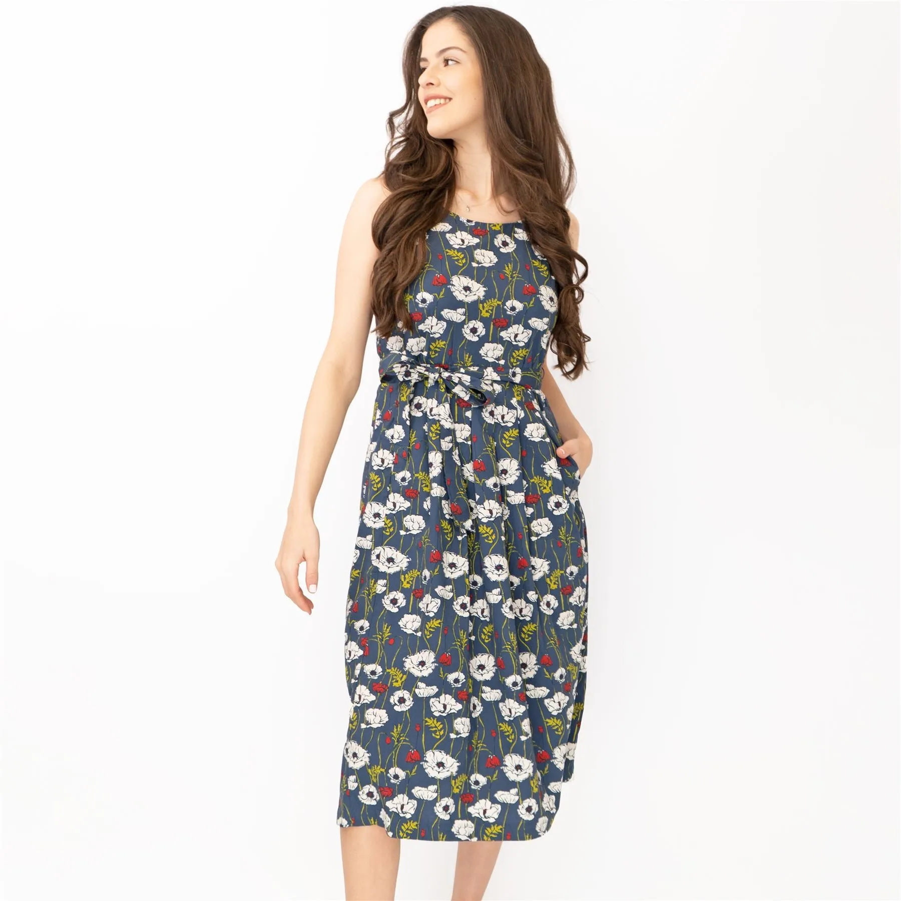 Seasalt Belle Linear Poppy Night Floral Print Sleeveless Midi Dresses