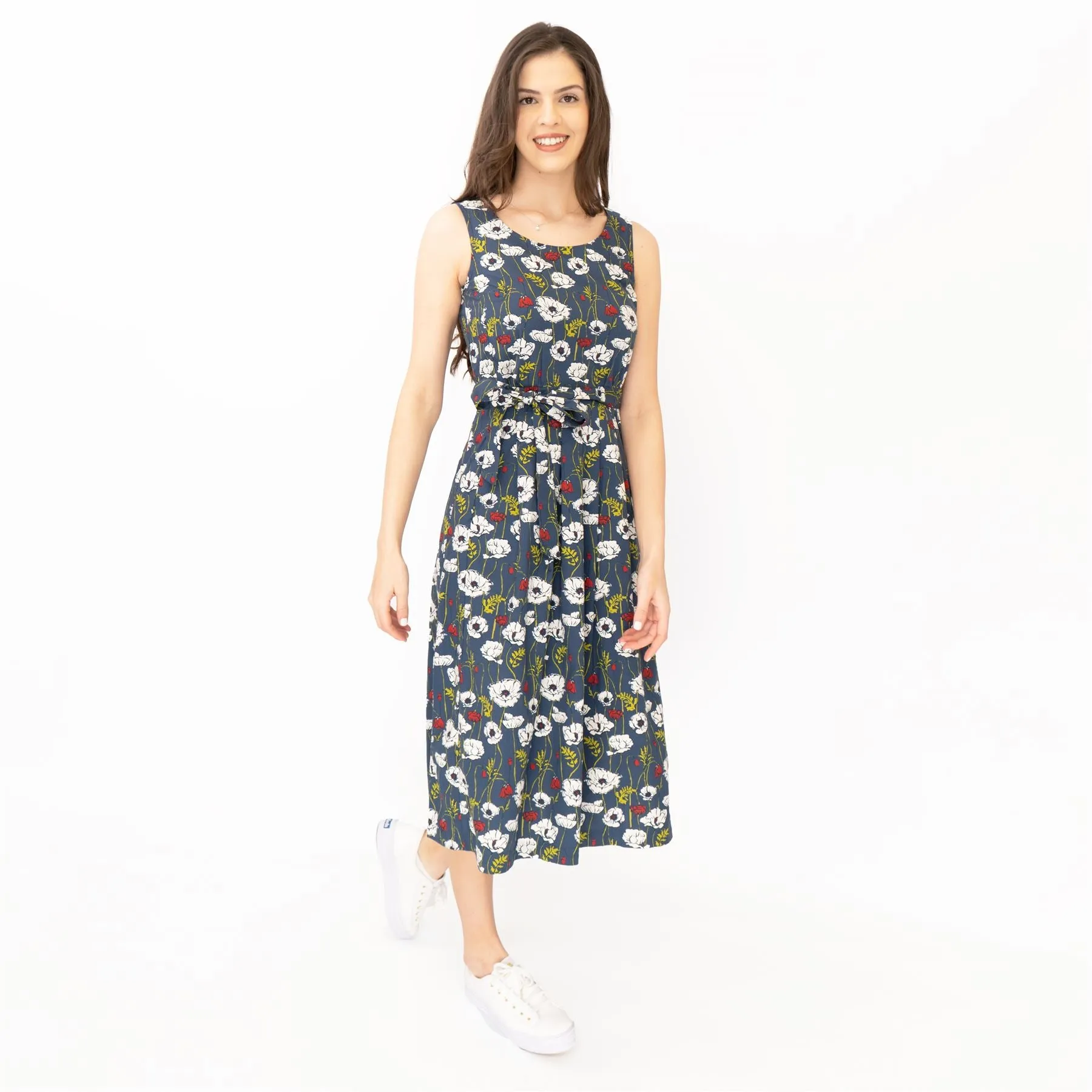 Seasalt Belle Linear Poppy Night Floral Print Sleeveless Midi Dresses