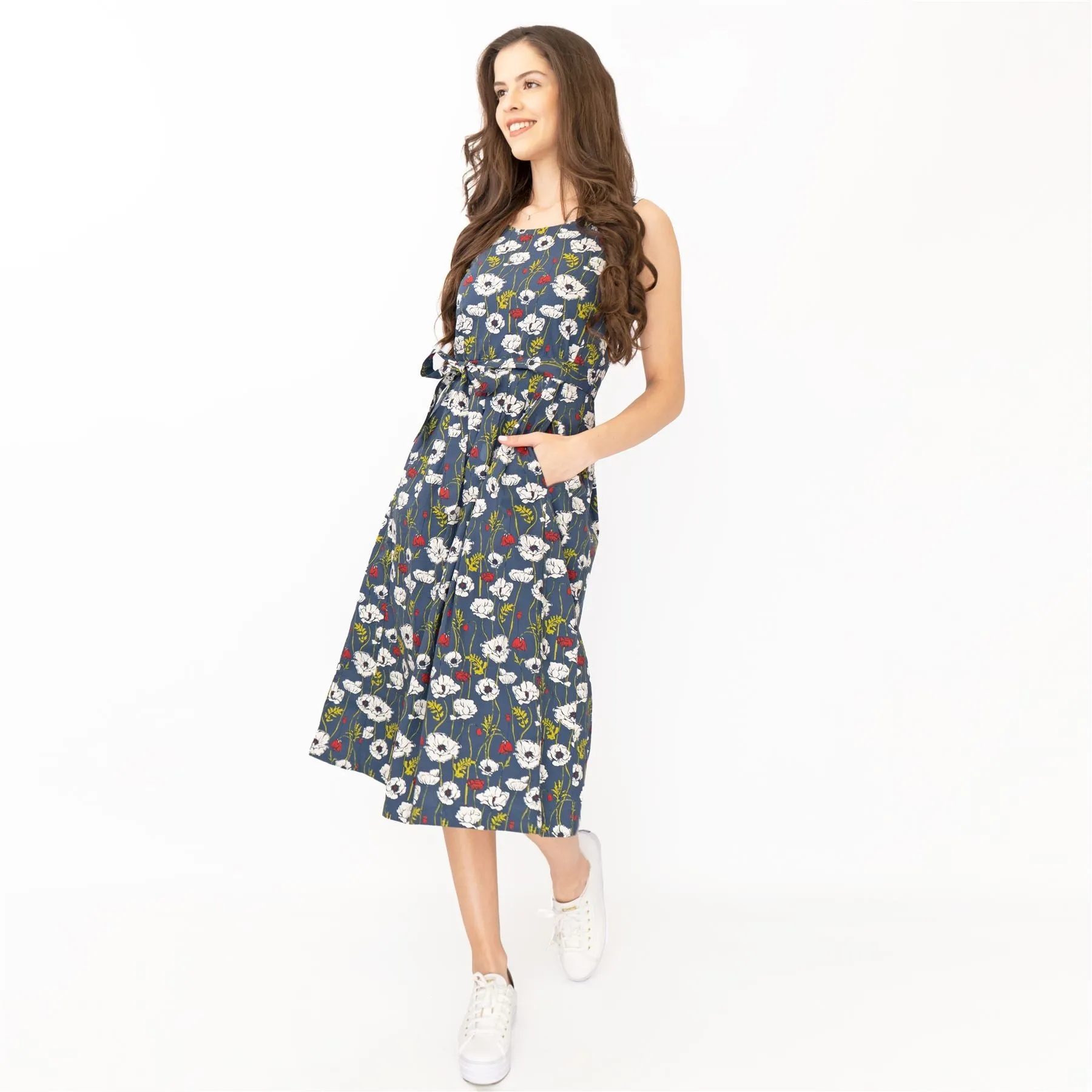 Seasalt Belle Linear Poppy Night Floral Print Sleeveless Midi Dresses