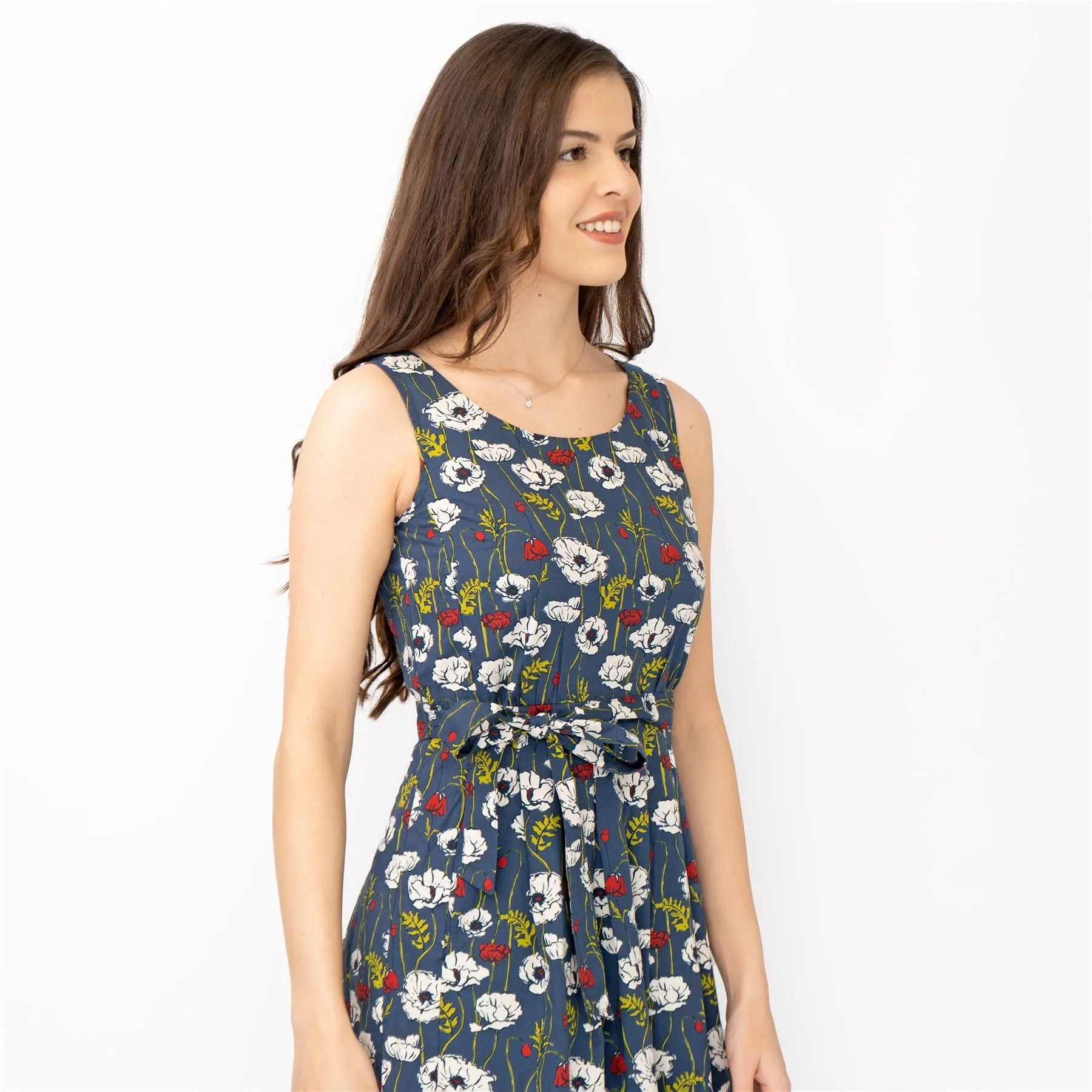 Seasalt Belle Linear Poppy Night Floral Print Sleeveless Midi Dresses