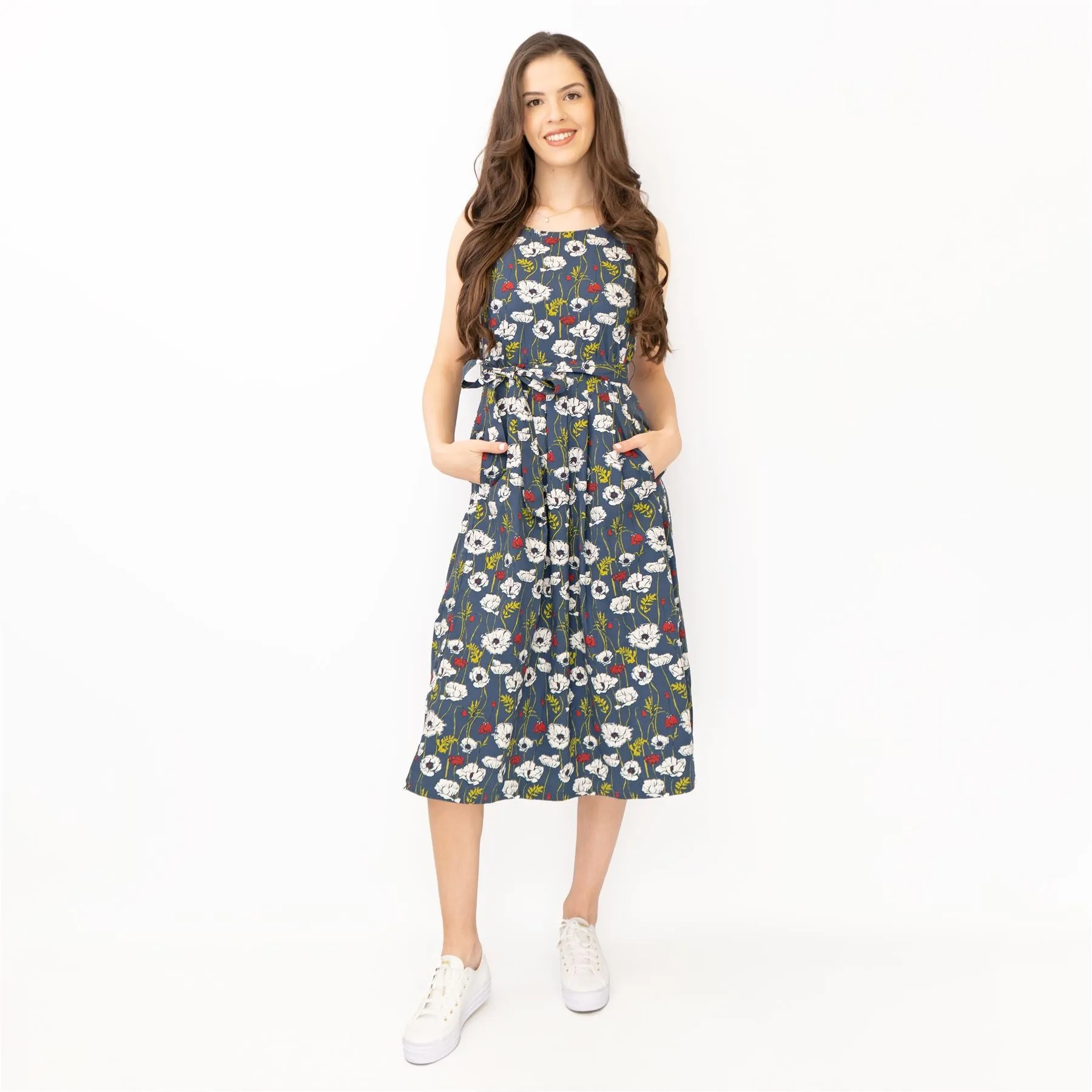 Seasalt Belle Linear Poppy Night Floral Print Sleeveless Midi Dresses