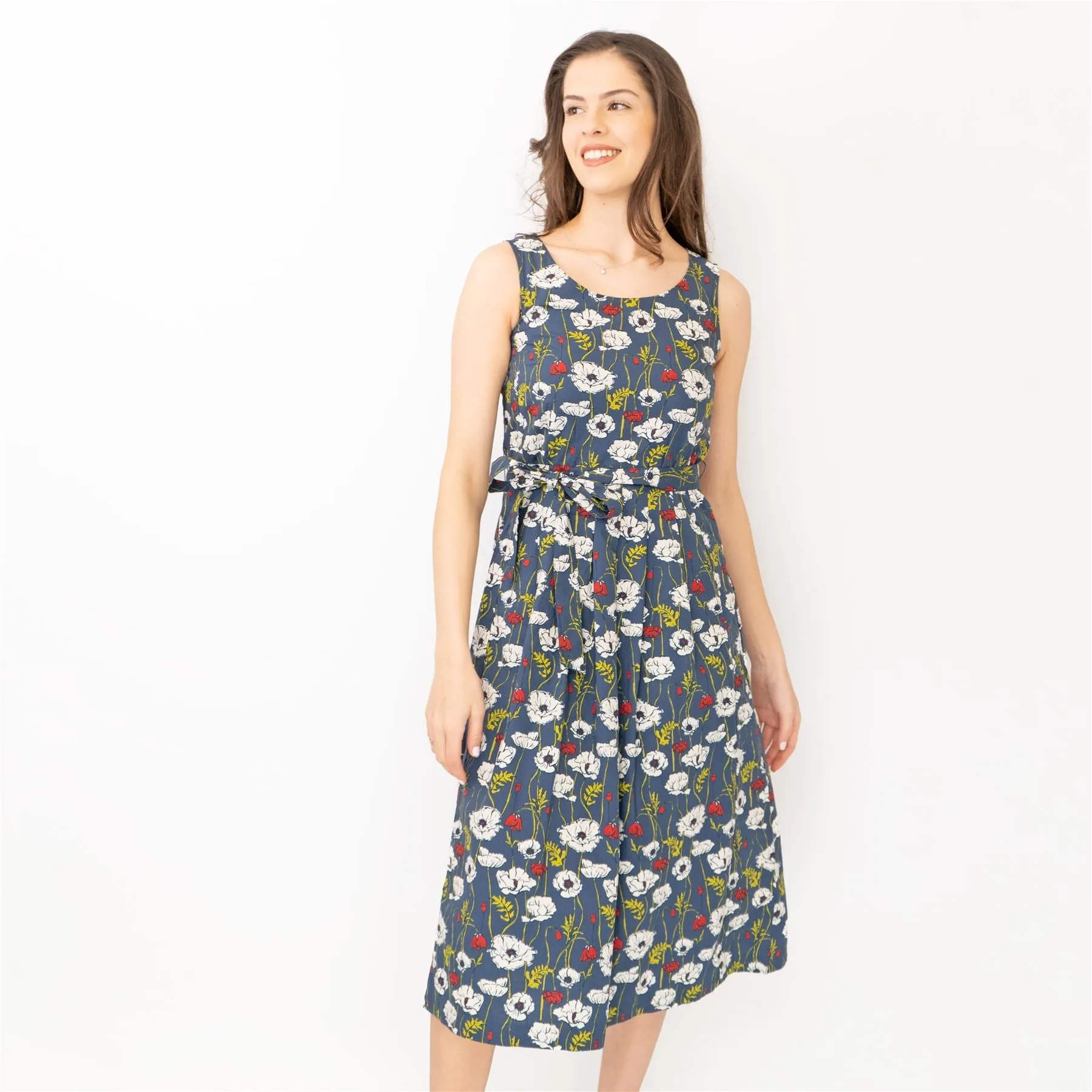 Seasalt Belle Linear Poppy Night Floral Print Sleeveless Midi Dresses