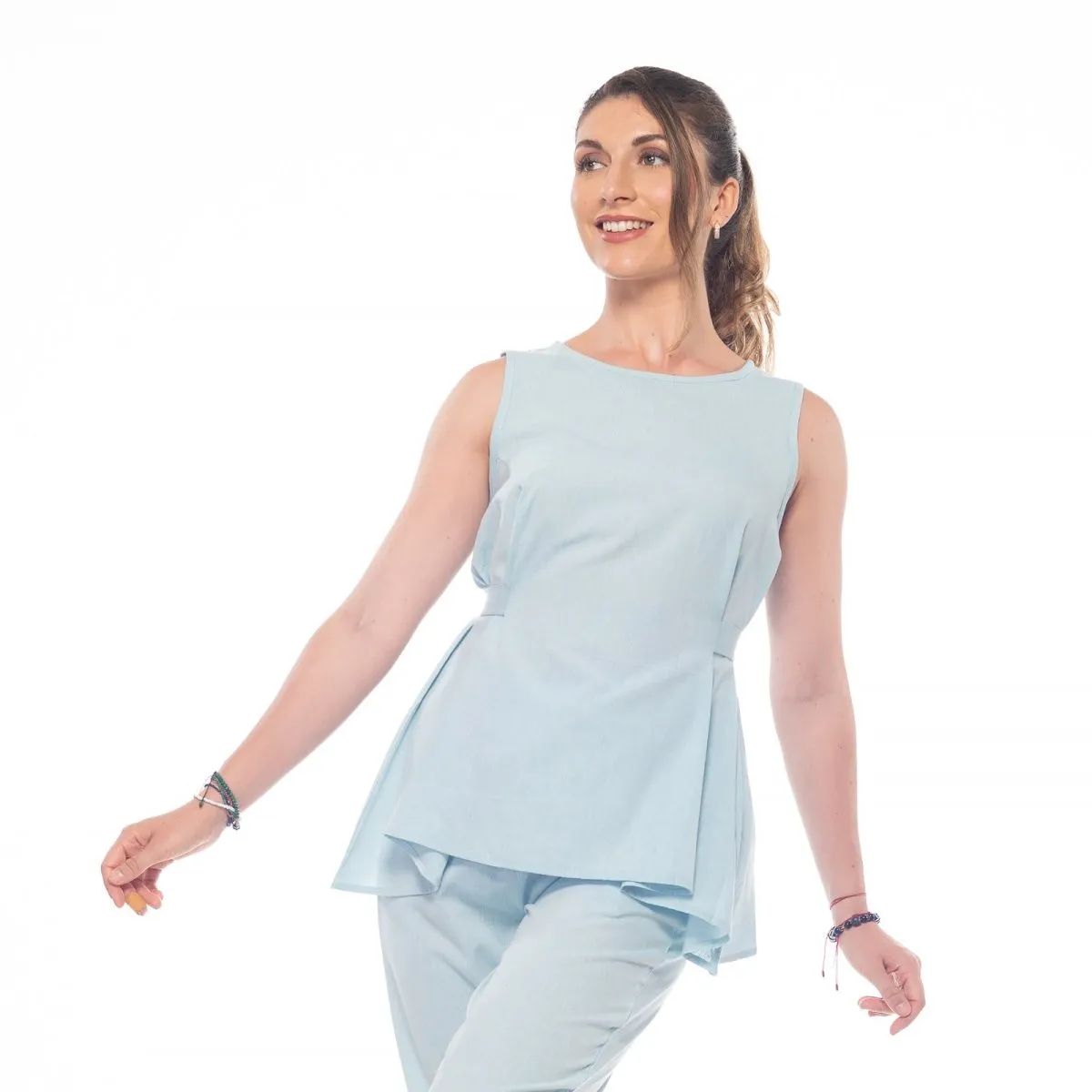 Sky-Blue Handwoven Cotton Sleeveless Belted Top | Sleeveless Top