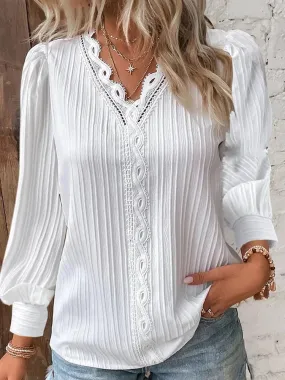 Woman Lace Stitching V-Neck Simple Black Chiffon Shirt Autumn Lantern Long Sleeve Pullover Top Fashion Lady Elegant Street Blous