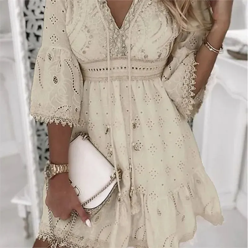 Women Elegant White Hollow Lace Mini Dress, Summer V-Neck Patchwork Lace-Up, Three-Quarter Sleeve Ladies Vacation Beach White Mini Dresses