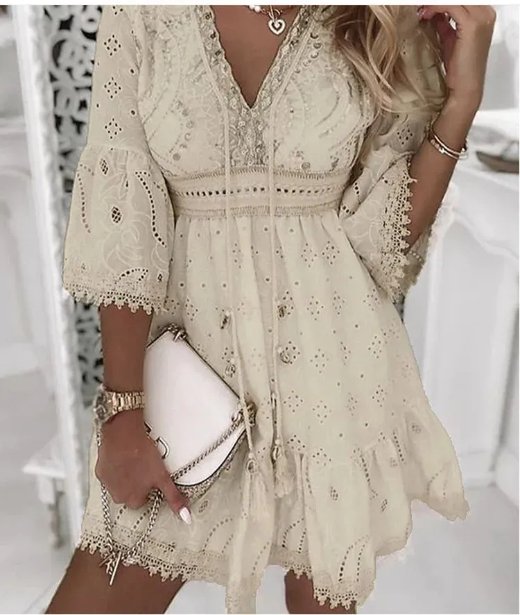 Women Elegant White Hollow Lace Mini Dress, Summer V-Neck Patchwork Lace-Up, Three-Quarter Sleeve Ladies Vacation Beach White Mini Dresses