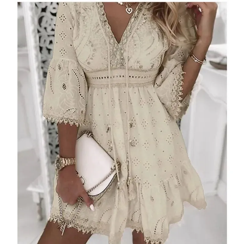 Women Elegant White Hollow Lace Mini Dress, Summer V-Neck Patchwork Lace-Up, Three-Quarter Sleeve Ladies Vacation Beach White Mini Dresses