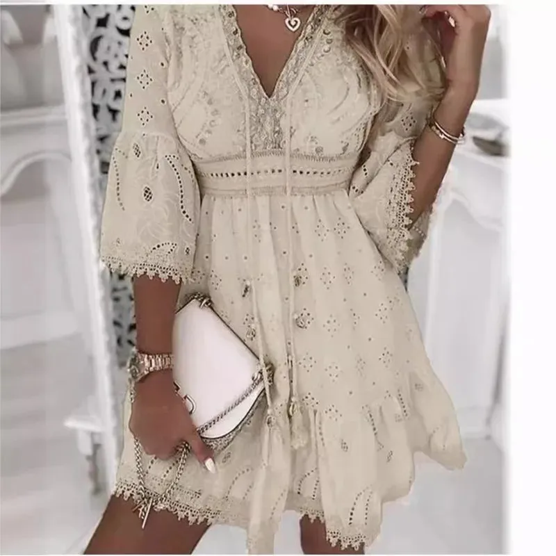 Women Elegant White Hollow Lace Mini Dress, Summer V-Neck Patchwork Lace-Up, Three-Quarter Sleeve Ladies Vacation Beach White Mini Dresses