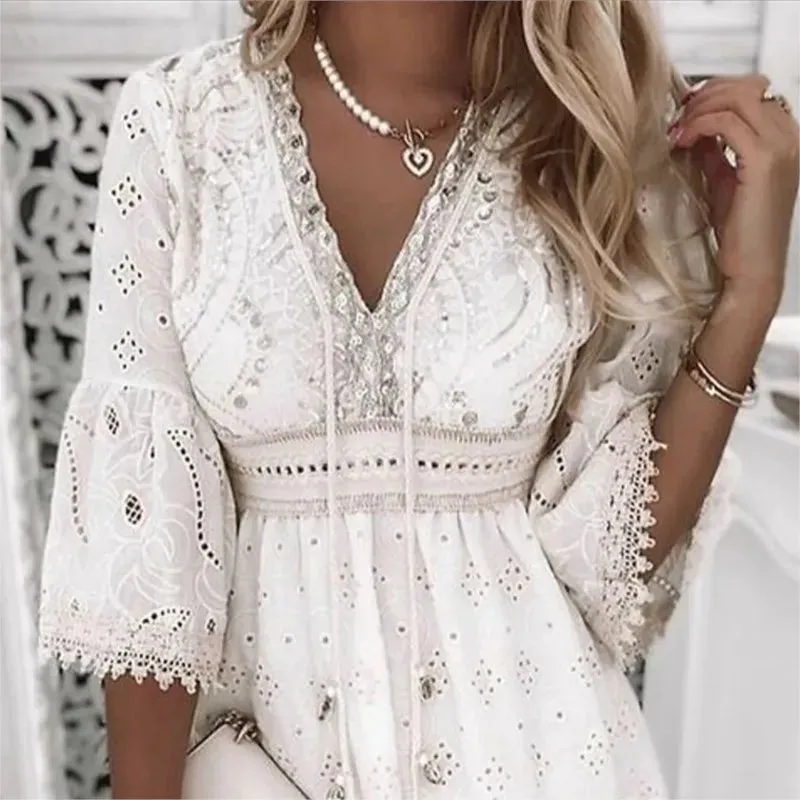 Women Elegant White Hollow Lace Mini Dress, Summer V-Neck Patchwork Lace-Up, Three-Quarter Sleeve Ladies Vacation Beach White Mini Dresses