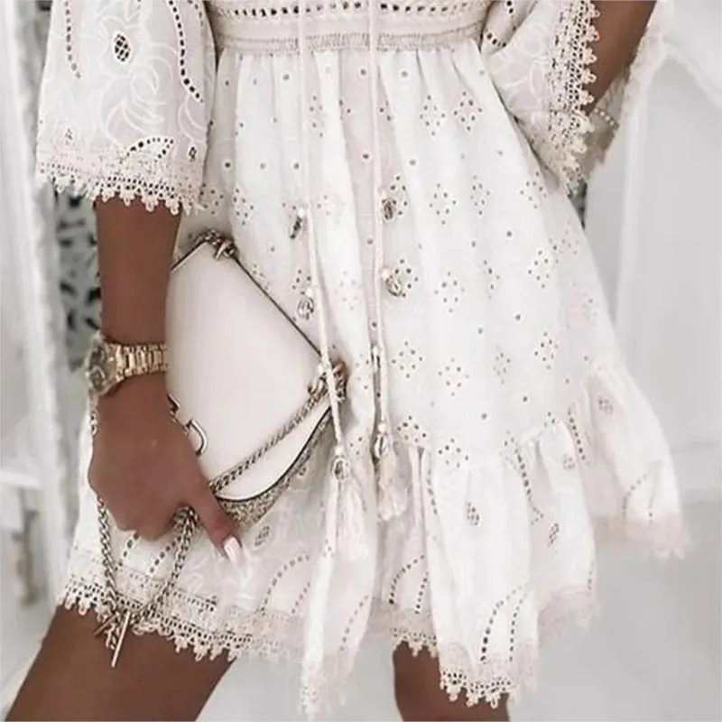 Women Elegant White Hollow Lace Mini Dress, Summer V-Neck Patchwork Lace-Up, Three-Quarter Sleeve Ladies Vacation Beach White Mini Dresses