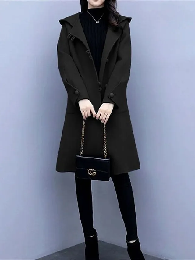 Women's Long Coat Elegant Hooded Overcoat Fall Single Breasted Pea Coat Winter Warm Windproof Trench Coat Modern Casual Trendy Jacket Long Sleeve with Pockets Black Blue