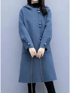 Women's Long Coat Elegant Hooded Overcoat Fall Single Breasted Pea Coat Winter Warm Windproof Trench Coat Modern Casual Trendy Jacket Long Sleeve with Pockets Black Blue